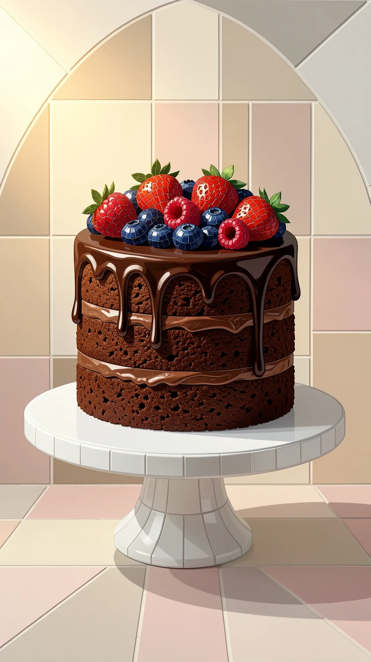 A decadent chocolate layer cake with glossy ganache and fresh berries.
