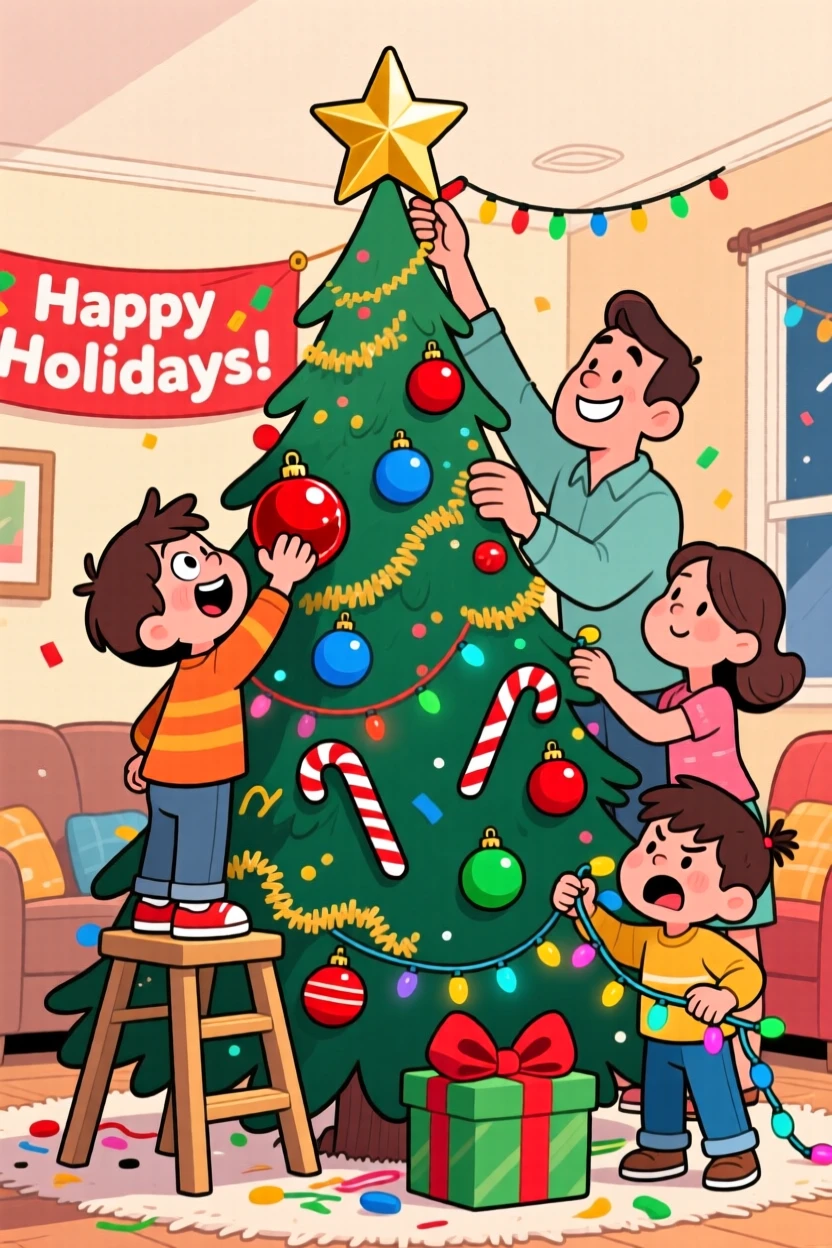 A festive celebration scene of a family decorating a towering Christmas tree together, ornaments teetering precariously.