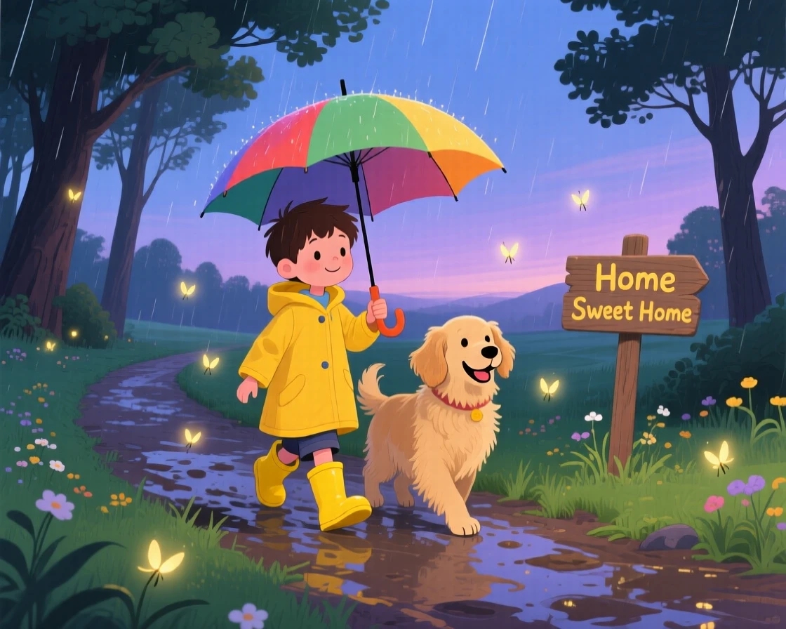 With a beloved family dog close by, a boy in rain boots is walking home together under one umbrella, as fireflies begin to twinkle.