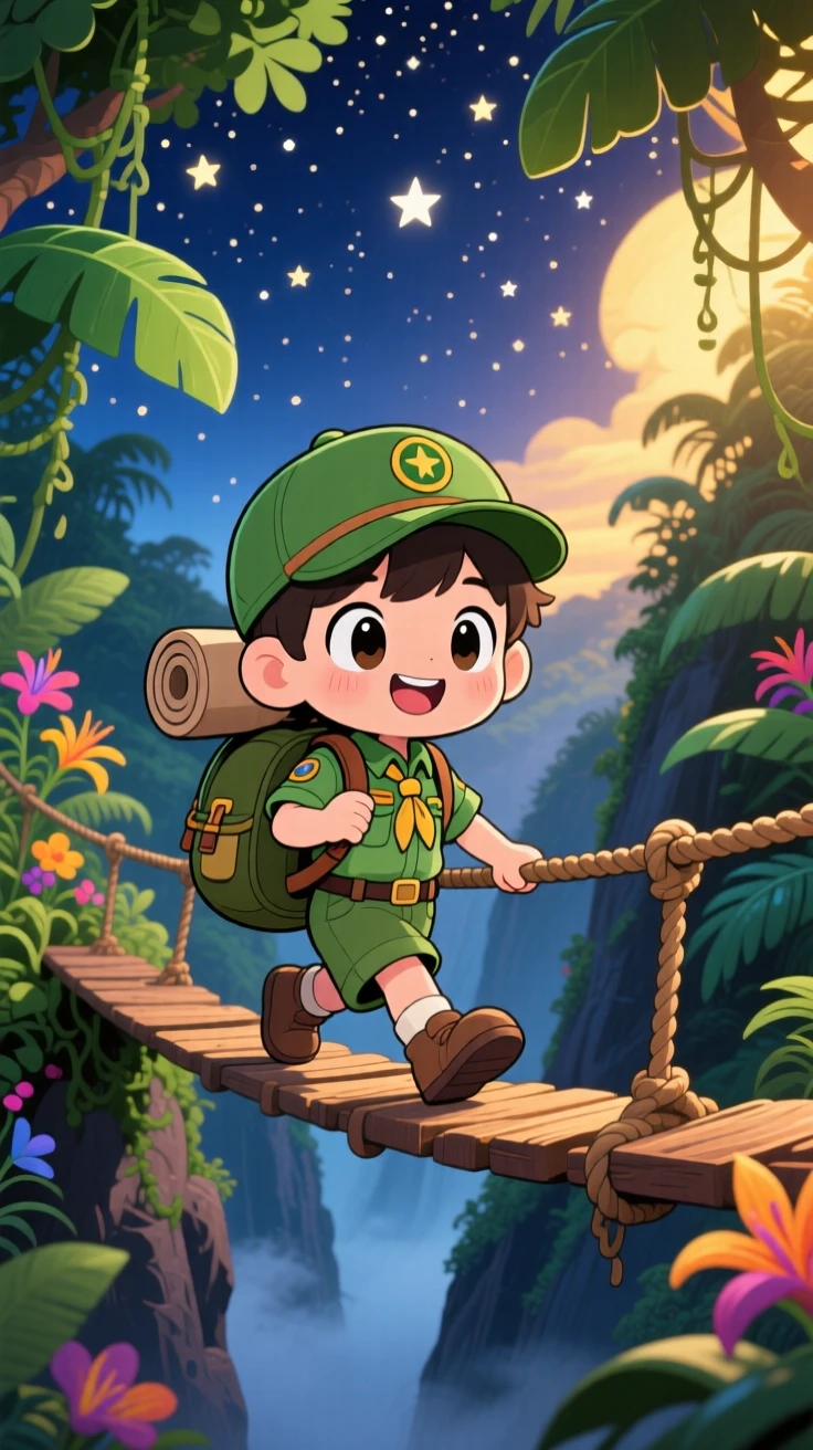 Symmetrical front-on view of a scout with a backpack, crossing a rope bridge over a misty ravine, in a lush jungle canyon, under a starry midsummer night sky, illuminated by warm morning light filtering through leaves, radiating bubbly enthusiasm.