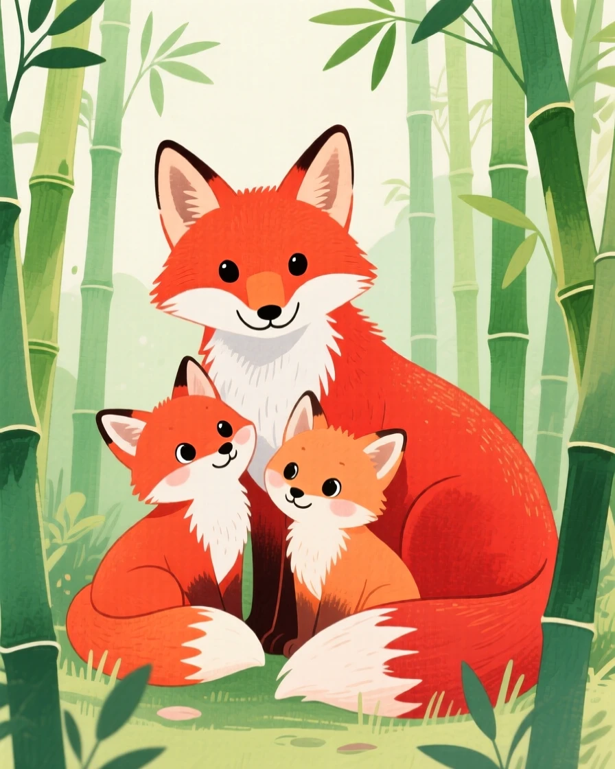 A close-up portrait of a family of red foxes in a bamboo grove.