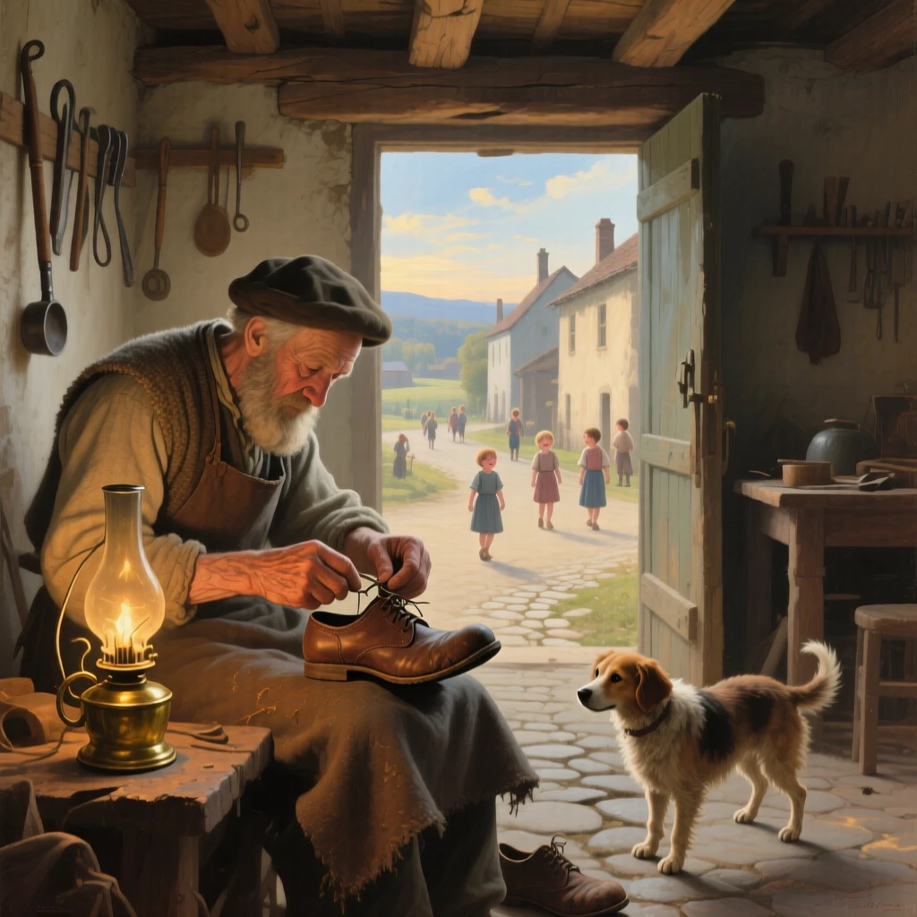 A cobbler carefully mending a child's worn shoe by lamplight in a small, quiet moment made luminous and lasting, set within a sunlit rural village at the start of a new day, with children's laughter and a stray dog weaving underfoot; the horizon and open sky give even modest labor room to breathe, evoking dignity, warmth, and the quiet poetry of daily life.