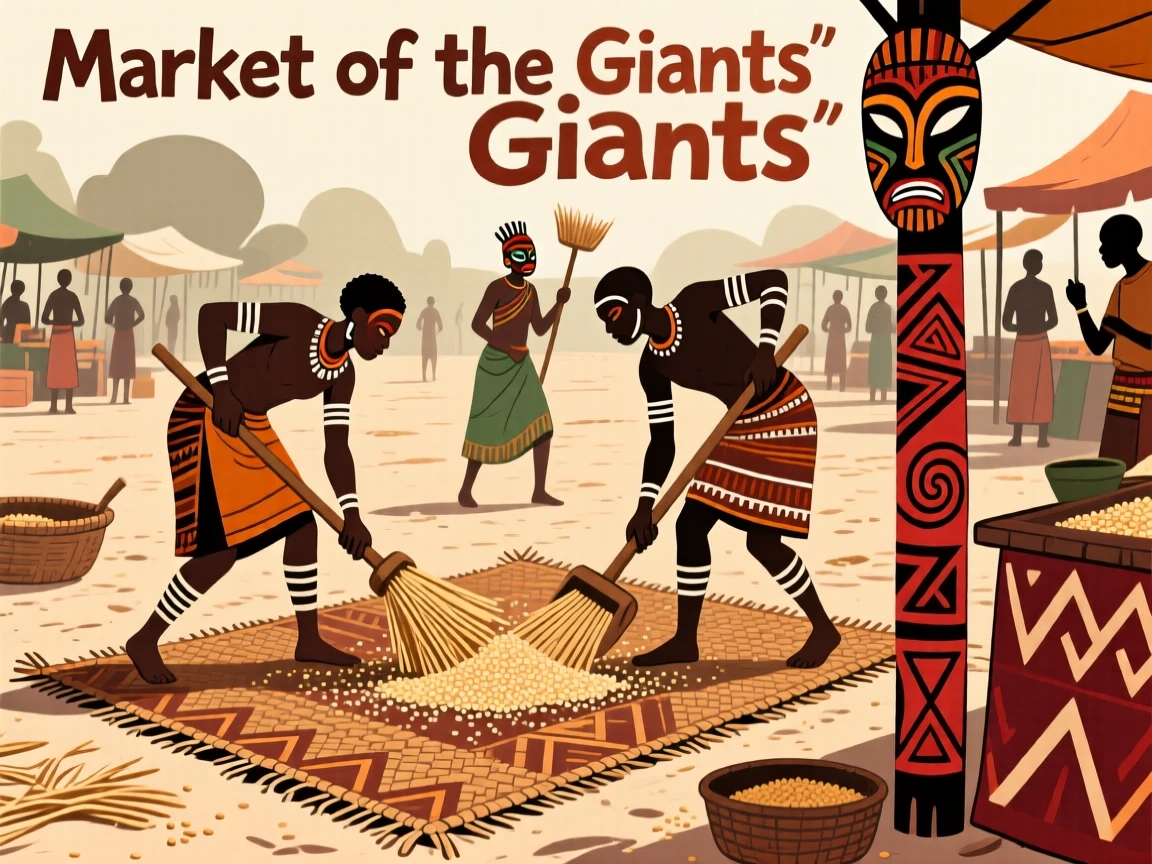 Villagers threshing grain on a wide open mat in the heart of a bustling market square.