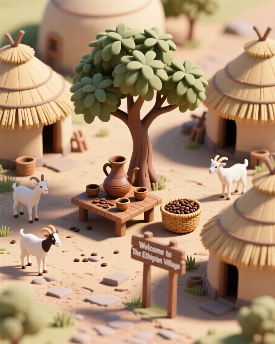 A miniature Ethiopian village with round thatched tukul huts, a coffee ceremony set up under a shade tree, and goats wandering the dusty paths.
