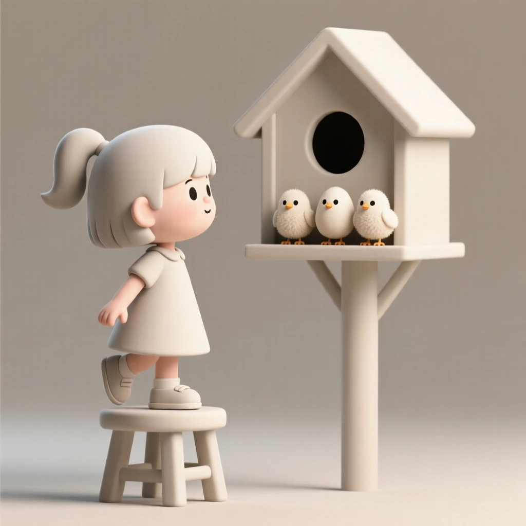 A curious little girl peers into a birdhouse, tiptoeing on a small stool to see the fluffy chicks inside.