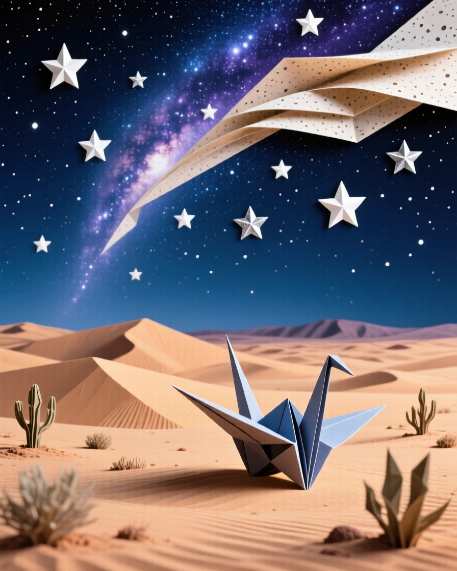 A star-filled night sky over a silent desert, the Milky Way arcing overhead.
