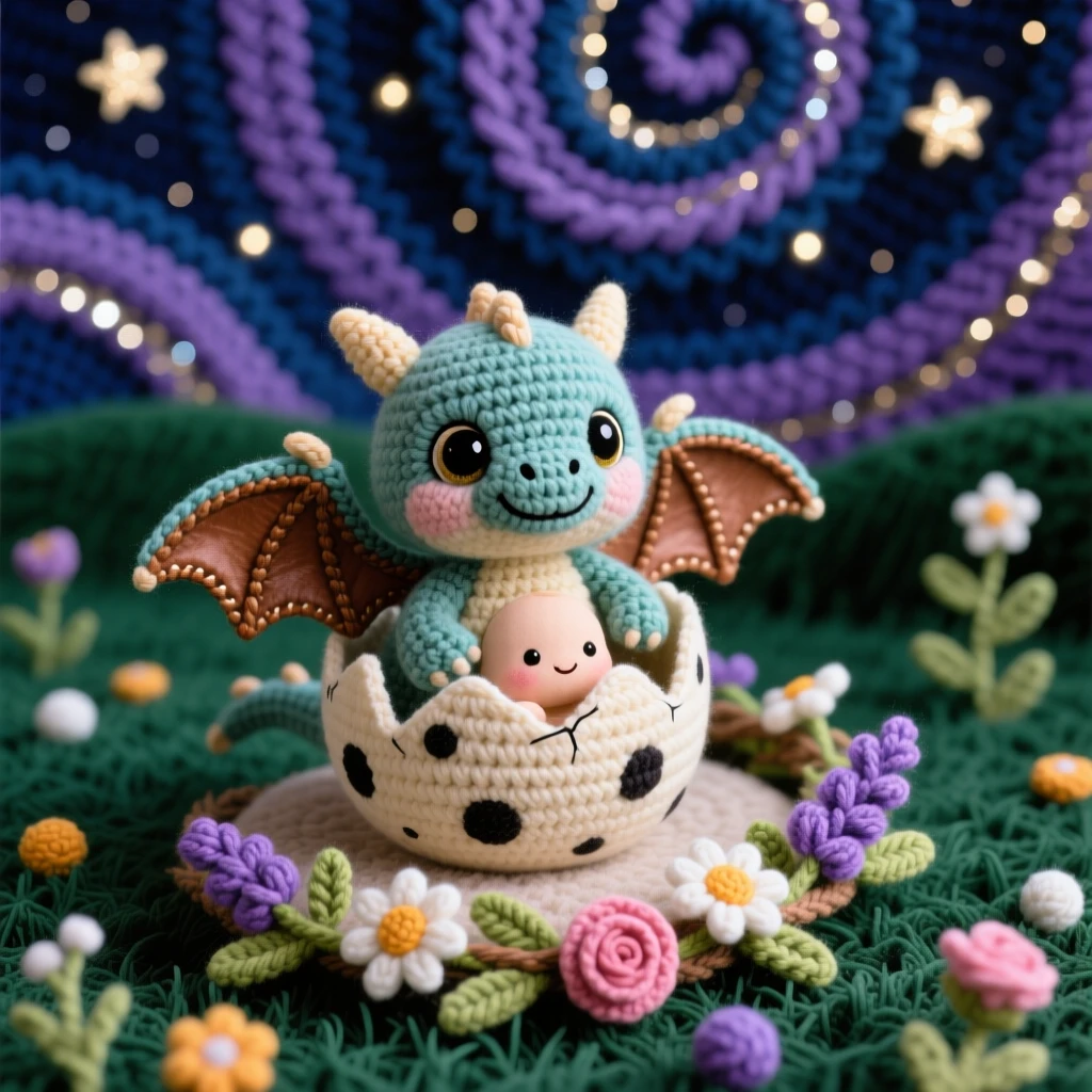 A charming portrait of a small baby wyvern, with leathery folded wings, hatching from a speckled egg beside a garland of woven wildflowers in a starlit meadow beneath a swirling night sky, conveying a warm, protective tenderness.