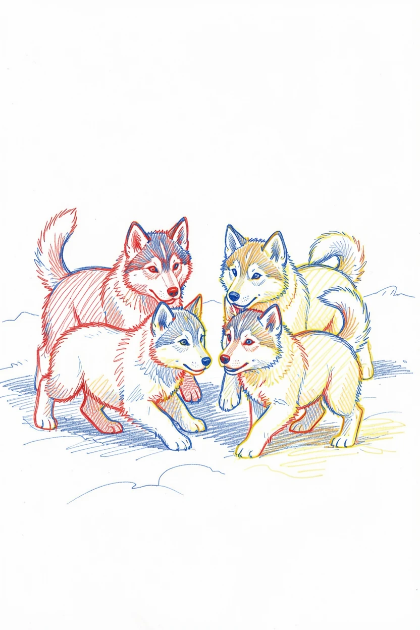 A litter of husky puppies playing together in fresh snow