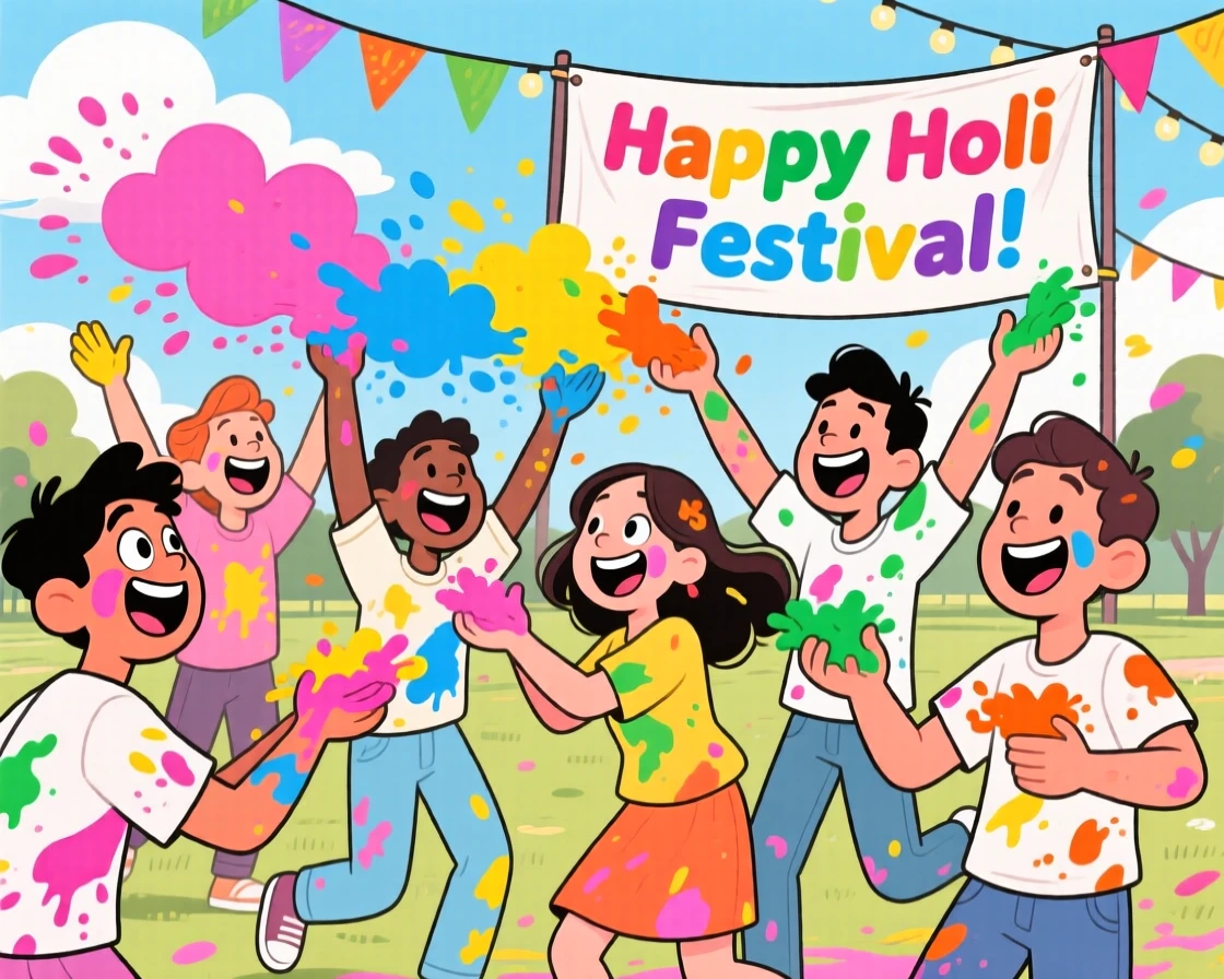 A festive celebration scene of a colorful Holi festival celebration with friends throwing handfuls of bright powdered colors.