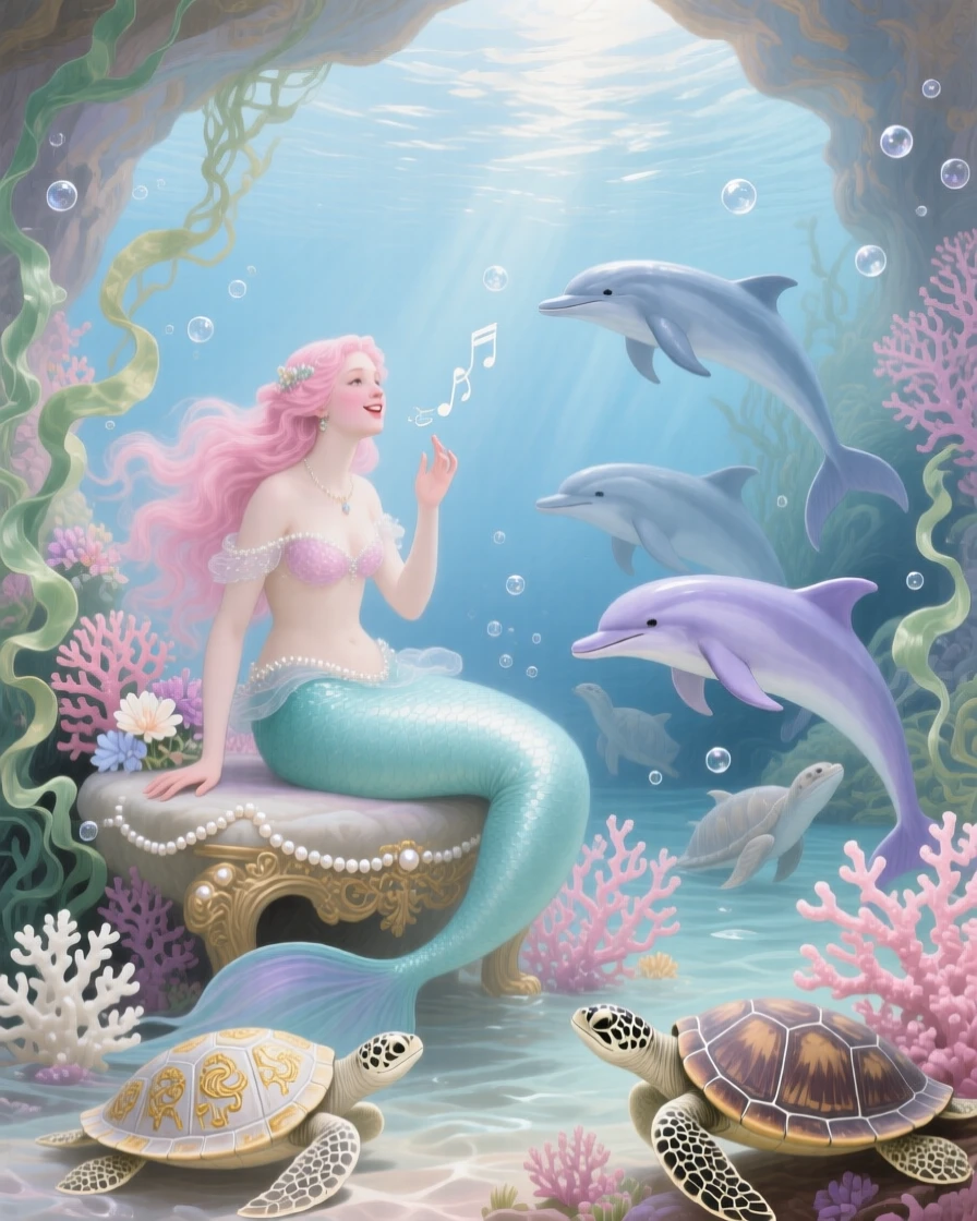 A mermaid princess singing to a gathering of dolphins and sea turtles  