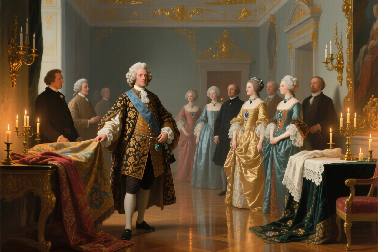 A merchant prince displaying imported silks to admiring guests as candlelight flickers across polished floors, set within a private chapel adorned with gold leaf, with silk gowns, powdered wigs, and glittering jewels catching the light; warm candlelight pools around the principal figures against a cooler backdrop, radiating celebration, elegance, and social grace.