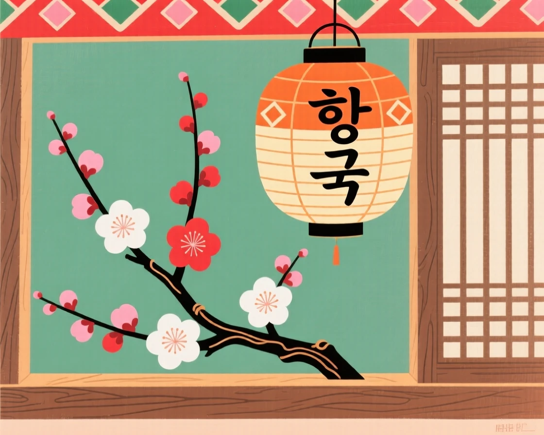 A still arrangement of a branch of plum blossoms beneath a paper lantern on a windowsill.