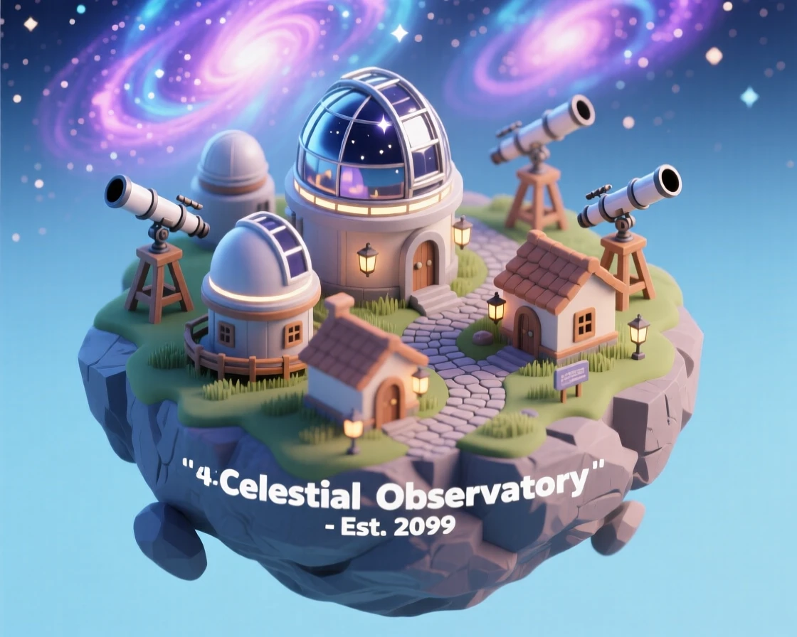 A celestial observatory village built on a floating asteroid, with telescopes pointed at swirling nebulae and glass domes reflecting starlight.