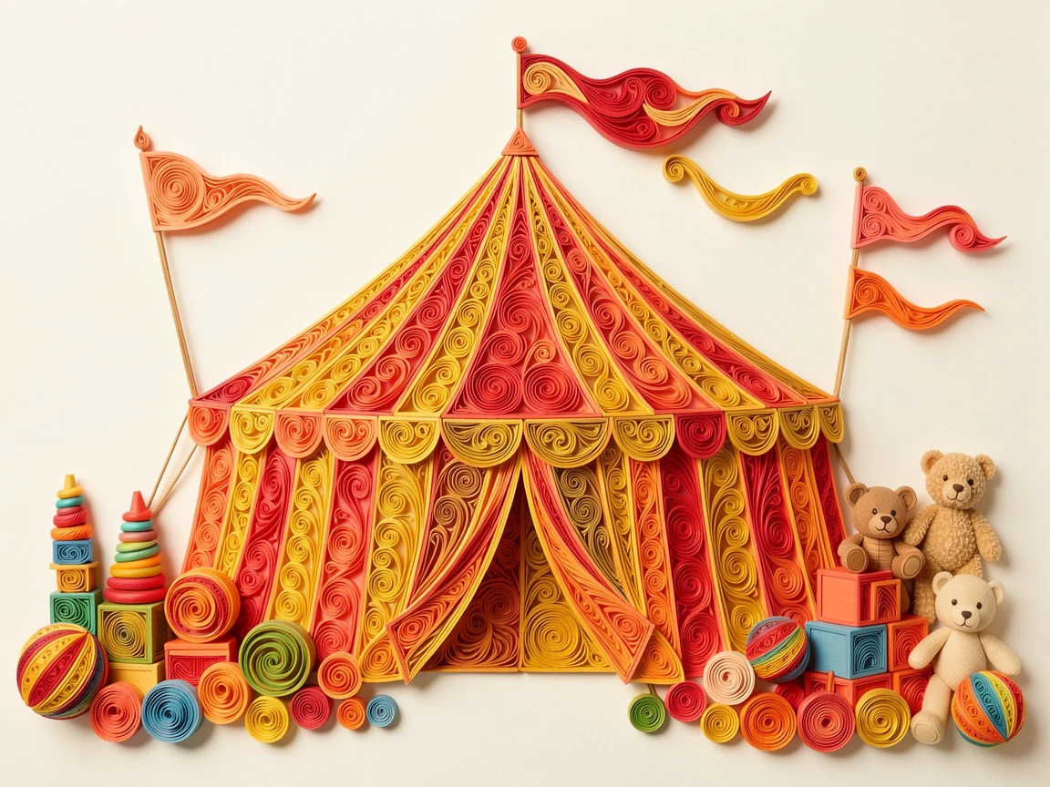 a circus tent with striped patterns and flags on top, in a colorful playroom filled with toys, composed with a fun, exaggerated sense of scale, in warm sunny tones of gold and coral.