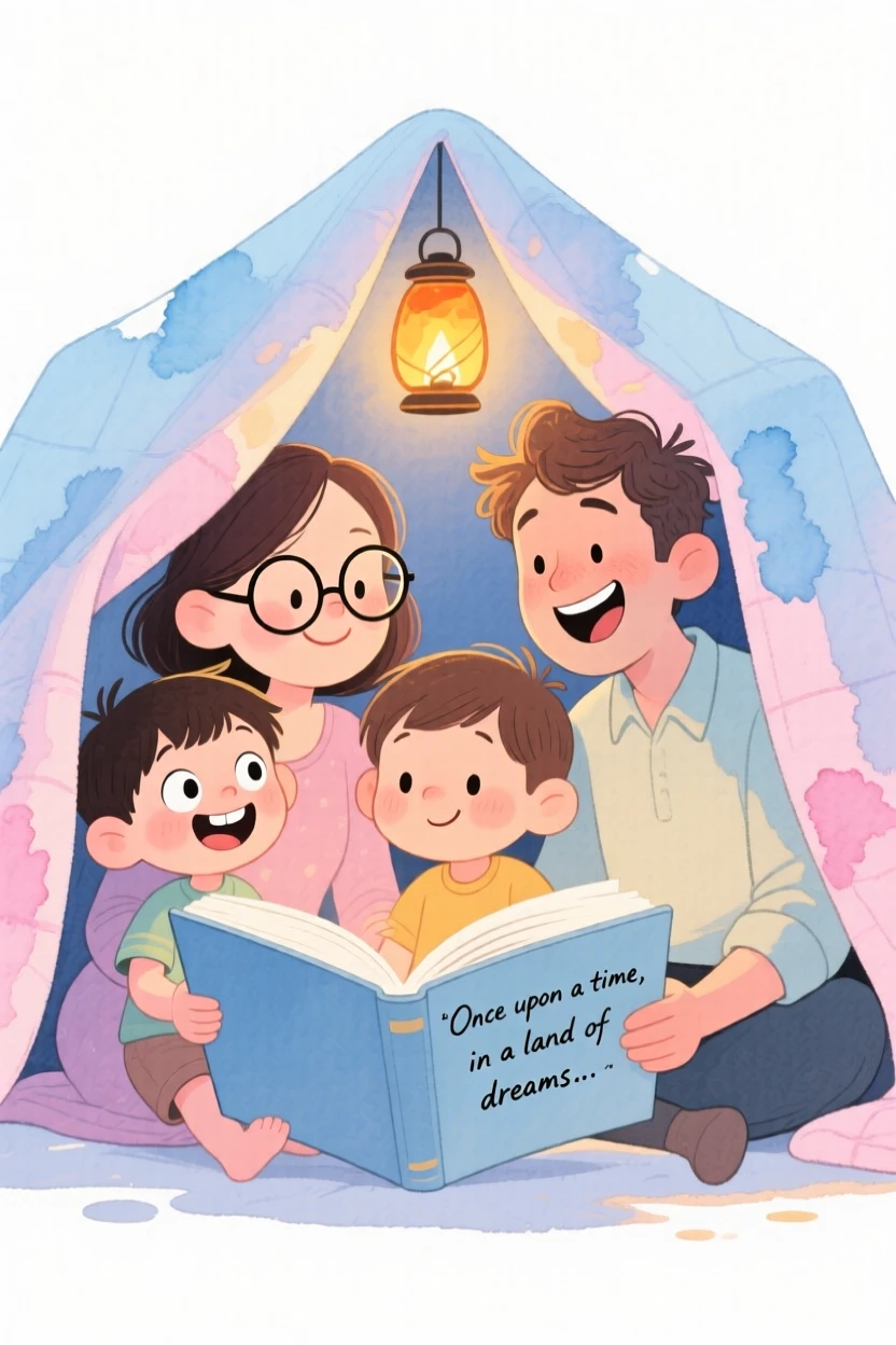 A family of four reading a bedtime story under a blanket fort