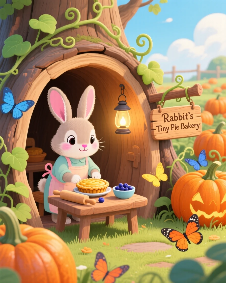 A floppy-eared rabbit is baking tiny pies in a hollow log in a pumpkin patch, while butterflies flutter nearby.