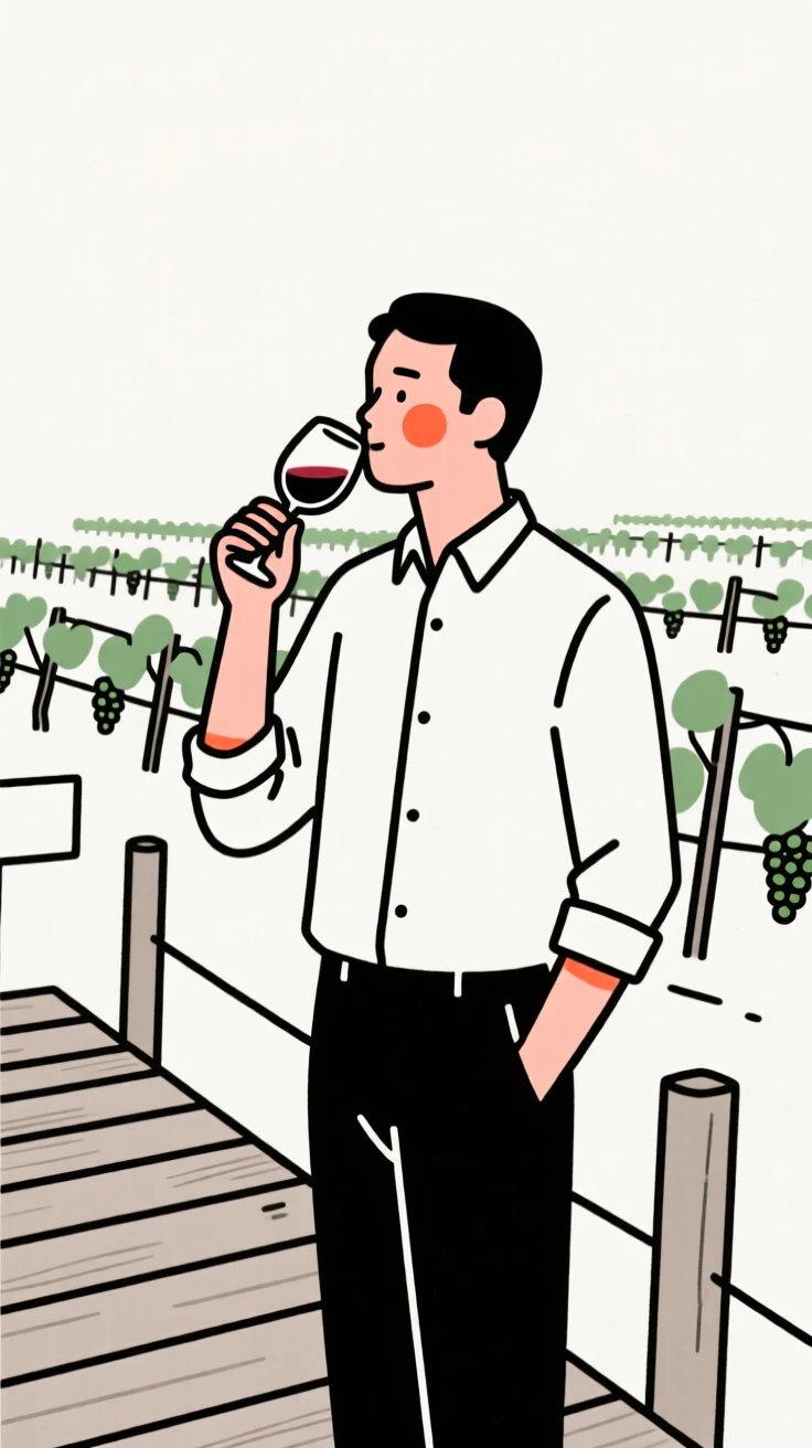 A sommelier tasting wine at a vineyard on a wooden fishing pier.