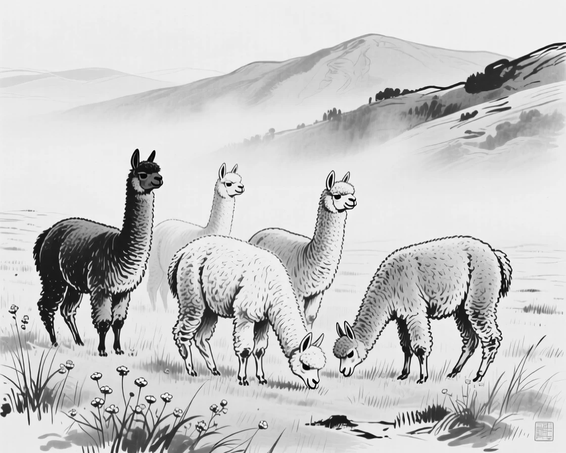 A herd of alpacas grazing peacefully in a misty highland pasture.