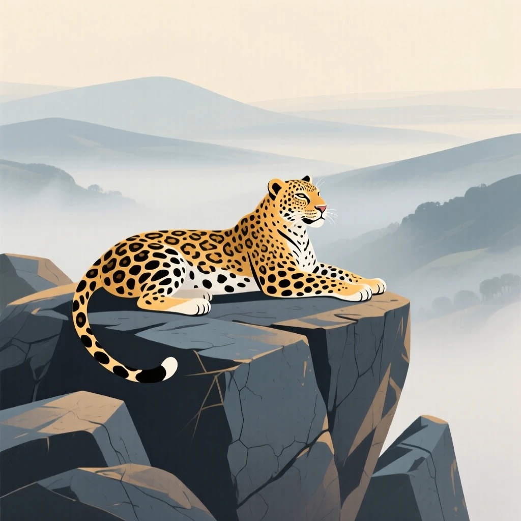 A majestic leopard resting on a rocky outcrop overlooking the misty valley.