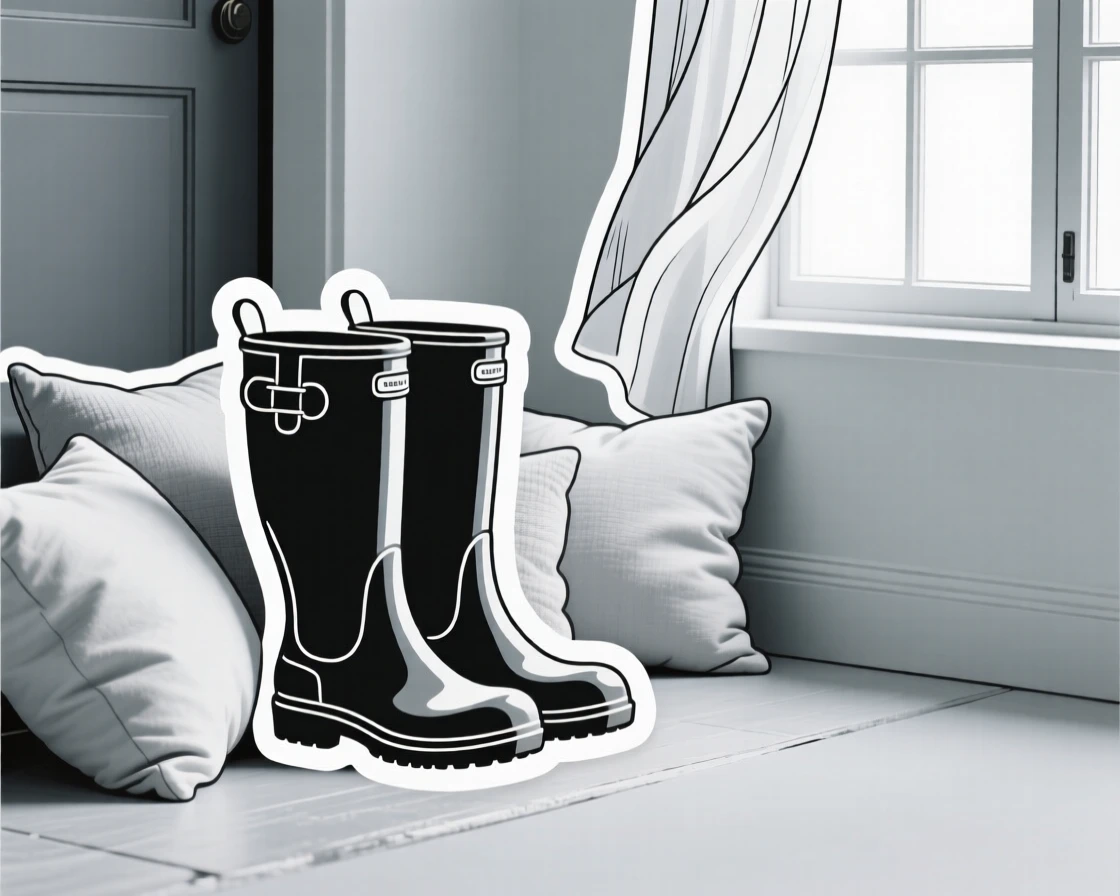 A softly lit pair of rain boots by the door, nestled among soft throw pillows, next to an open window with sheer curtains.