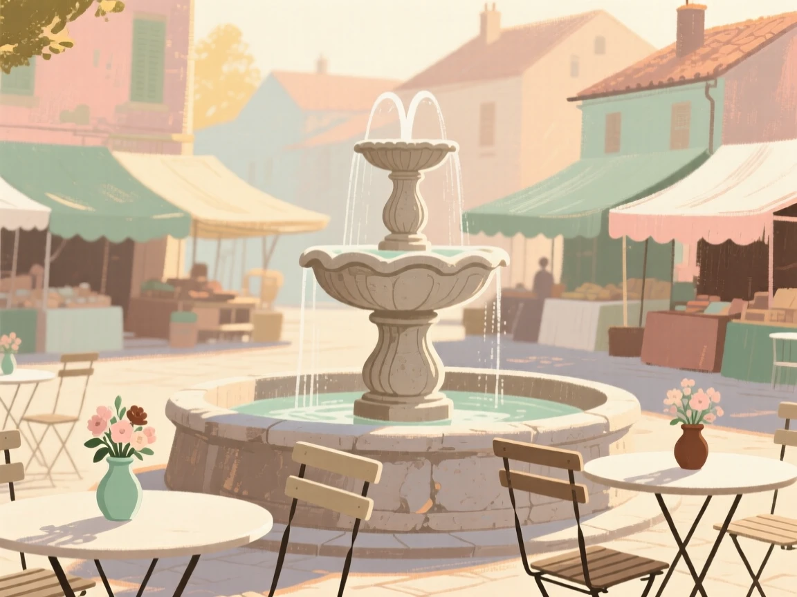 A market square with a stone fountain surrounded by cafe tables