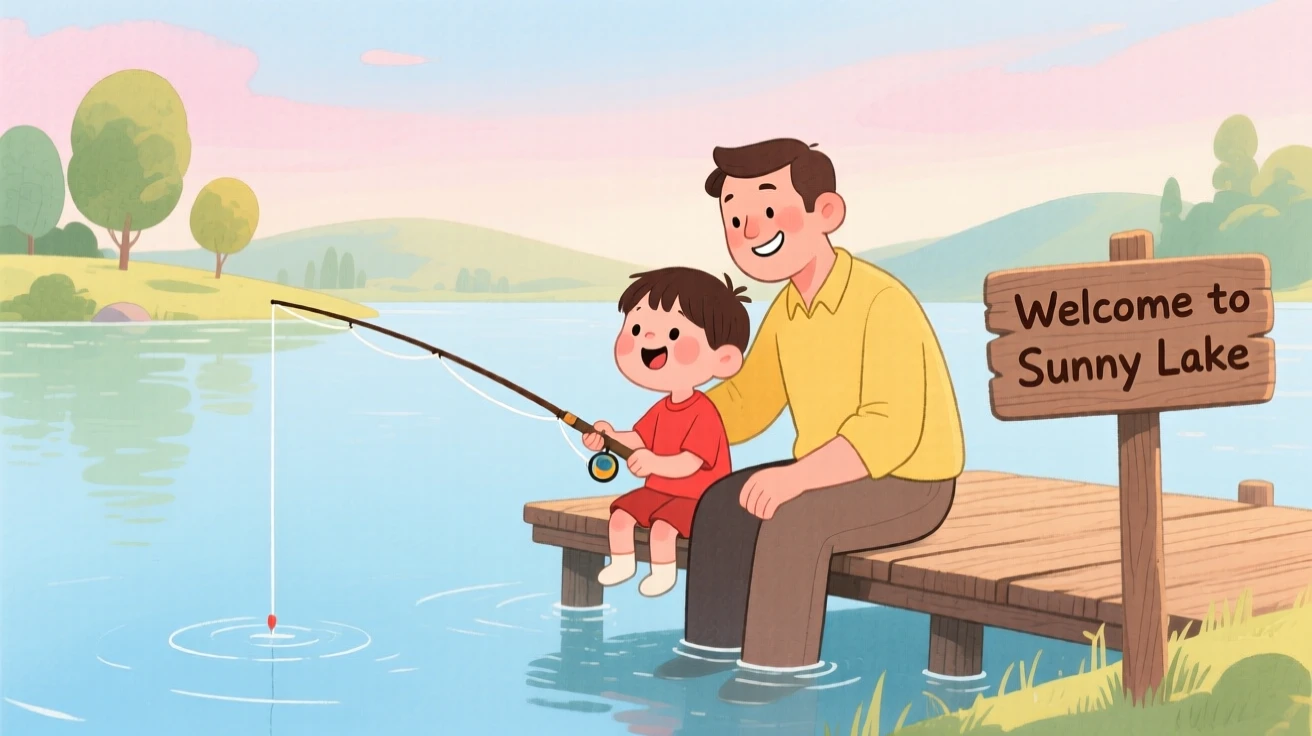 A joyful scene of a father teaching his child to fish at a quiet lake.