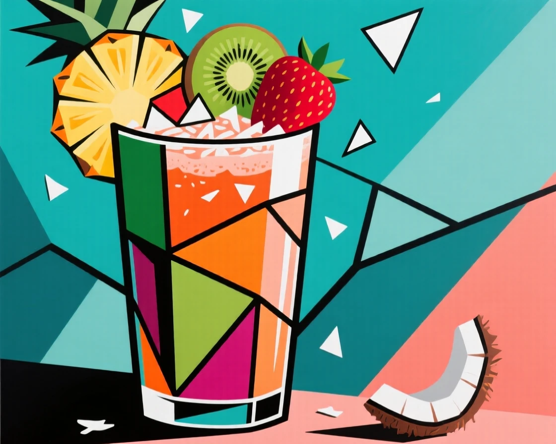 A tall glass of tropical smoothie topped with fresh fruit and coconut flakes.