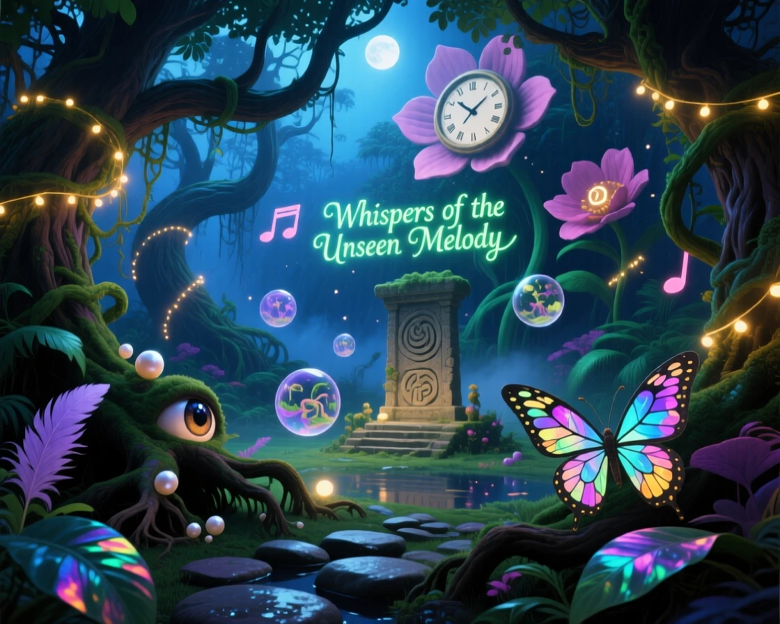 A jungle where vines glow softly like strings of fairy lights hums faintly with a low, unseen music, as soft light pools in every hollow and crevice.