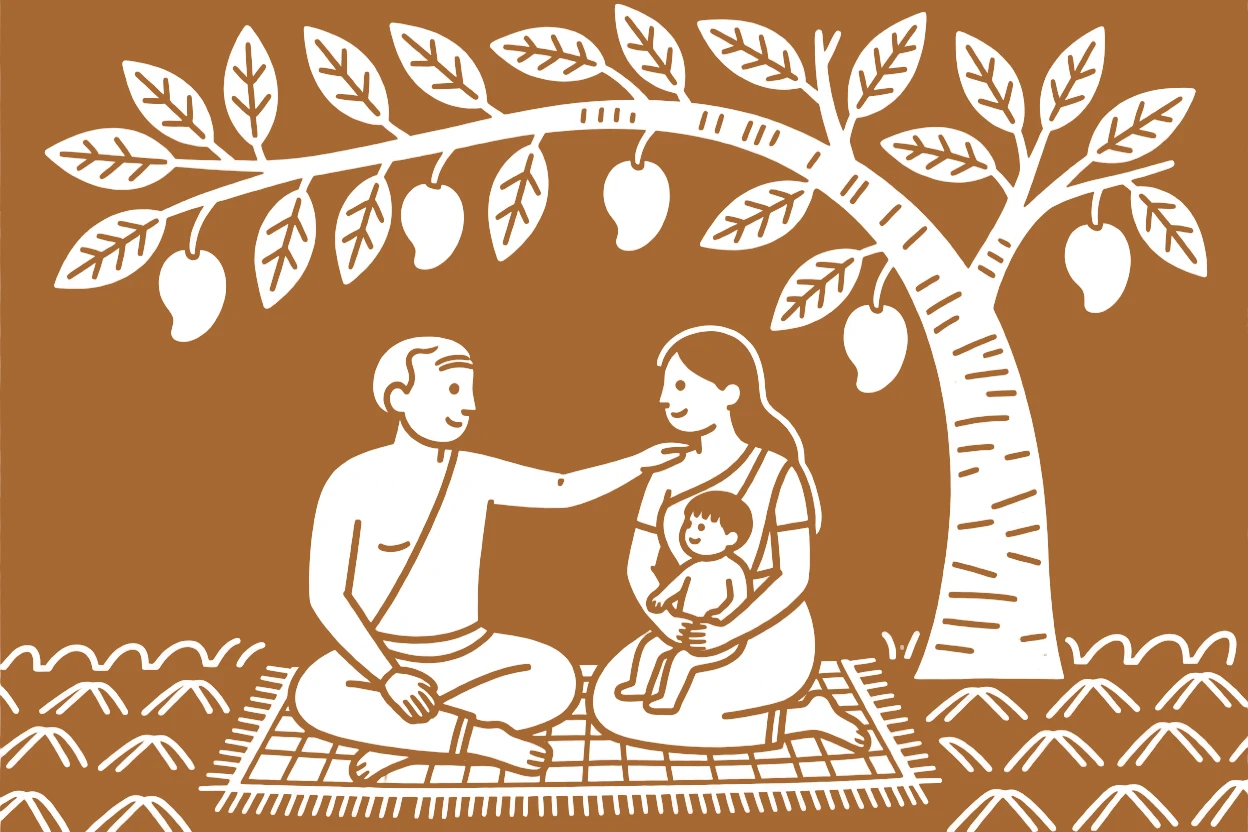 Three generations of one family comforting one another after a hard day under the shade of a mango tree.