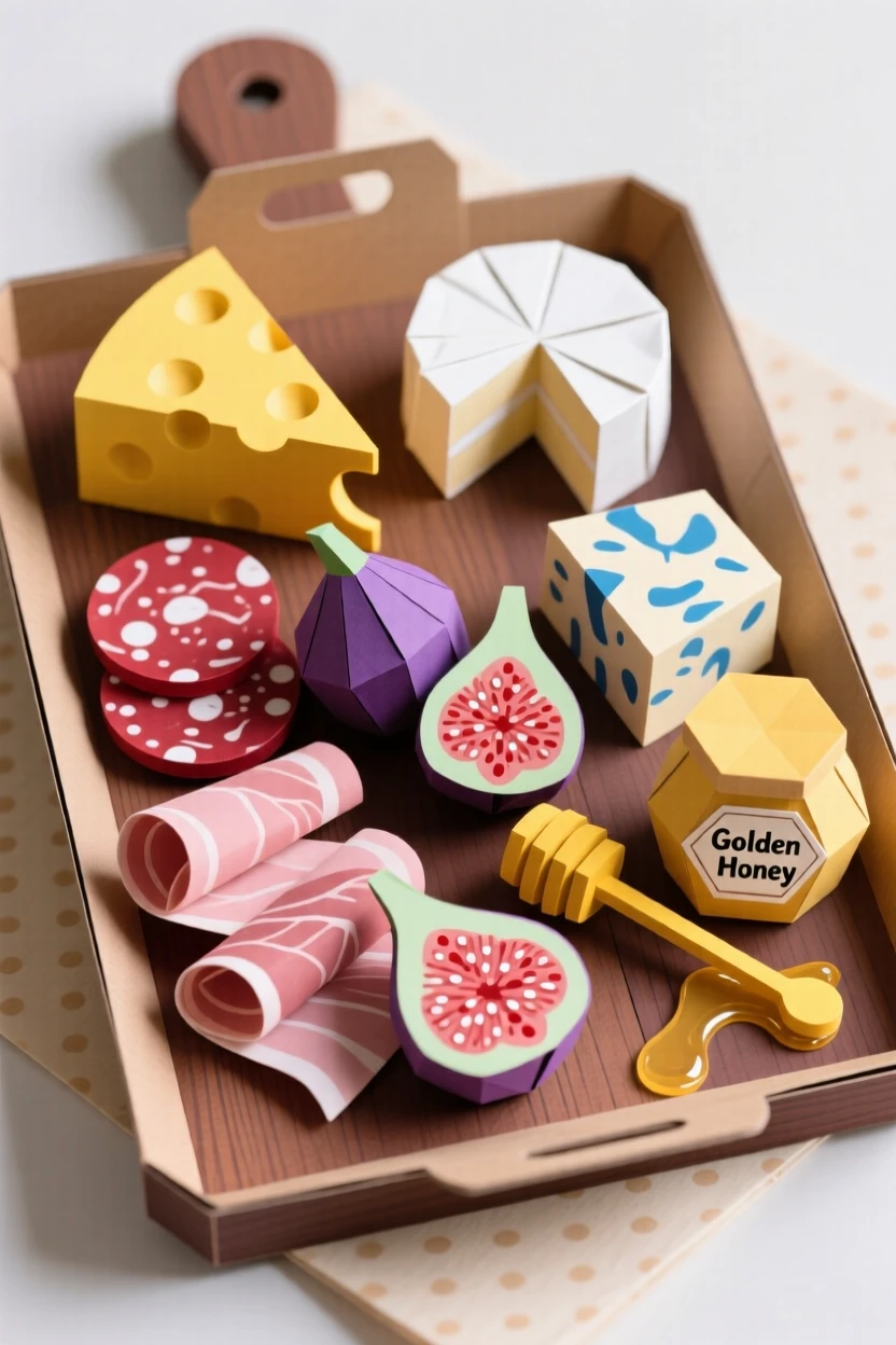 A beautifully arranged charcuterie board with colorful cheeses, cured meats, fresh figs, and honey drizzle, soft natural light highlighting the textures, evoking indulgence and gathering.