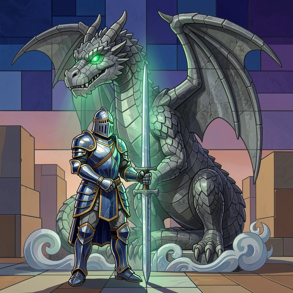 A knight standing before a colossal ancient stone dragon statue, rendered with dramatic magical lighting and rich atmospheric detail.