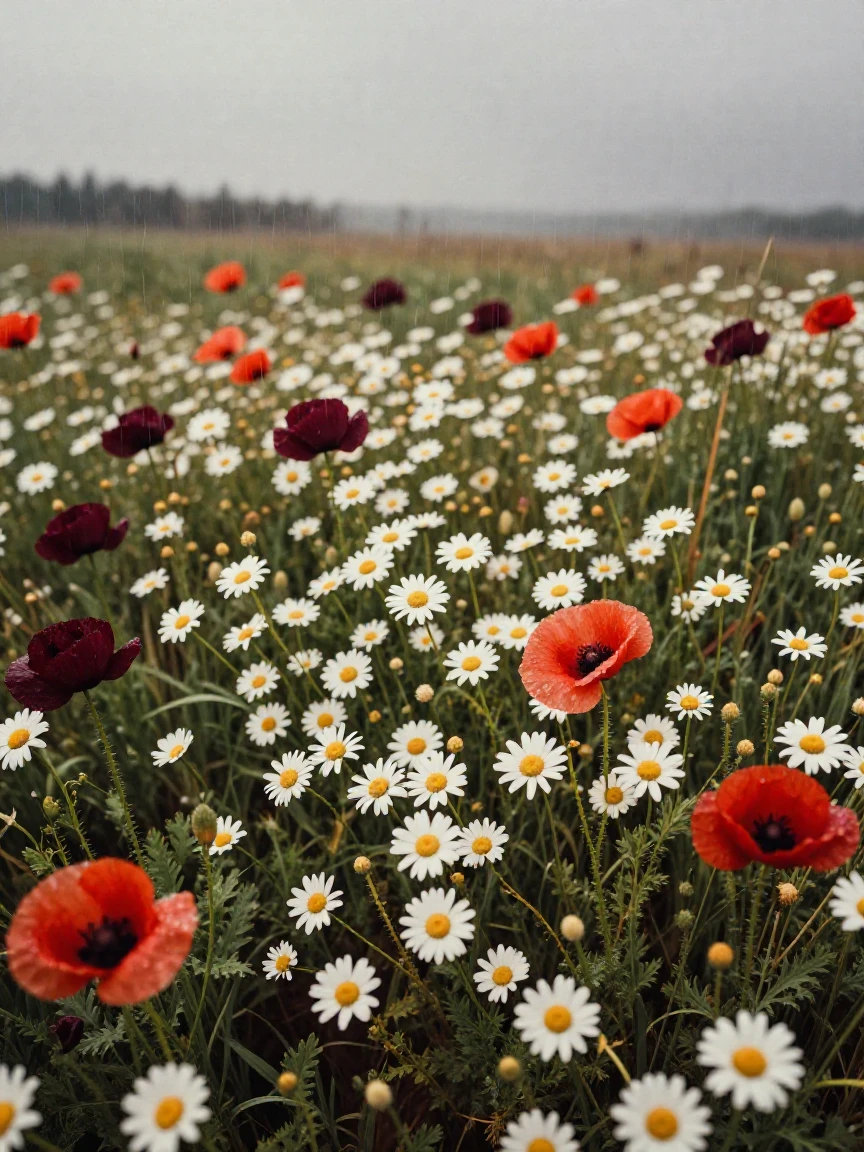 A wild meadow bursting with daisies and poppies, in soft window light, under a light drizzle, during the long days of summer, with rich burgundy and gold accents, shot from directly overhead.