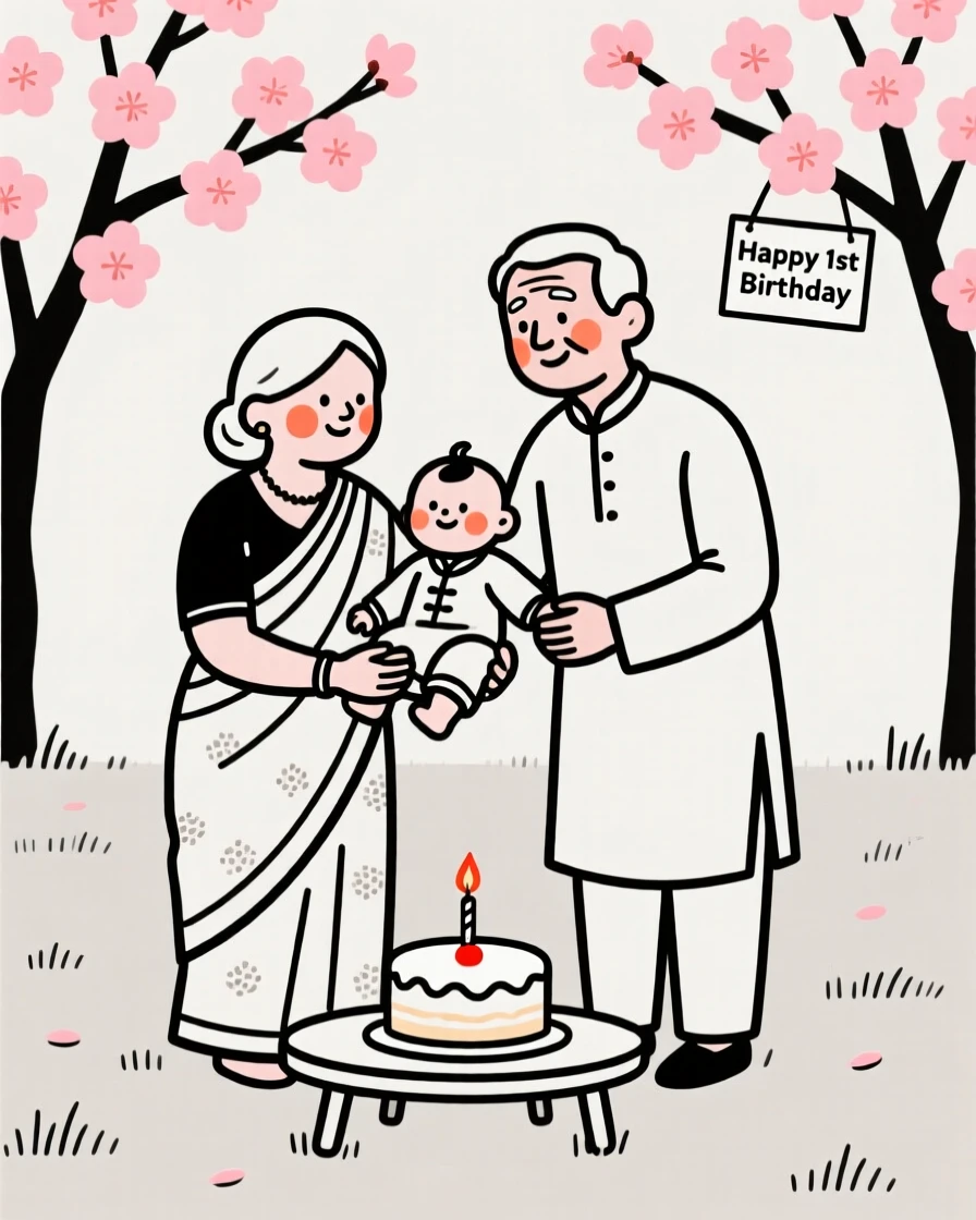 An elderly couple of Indian heritage celebrating a baby's first birthday, in a blooming cherry blossom garden.