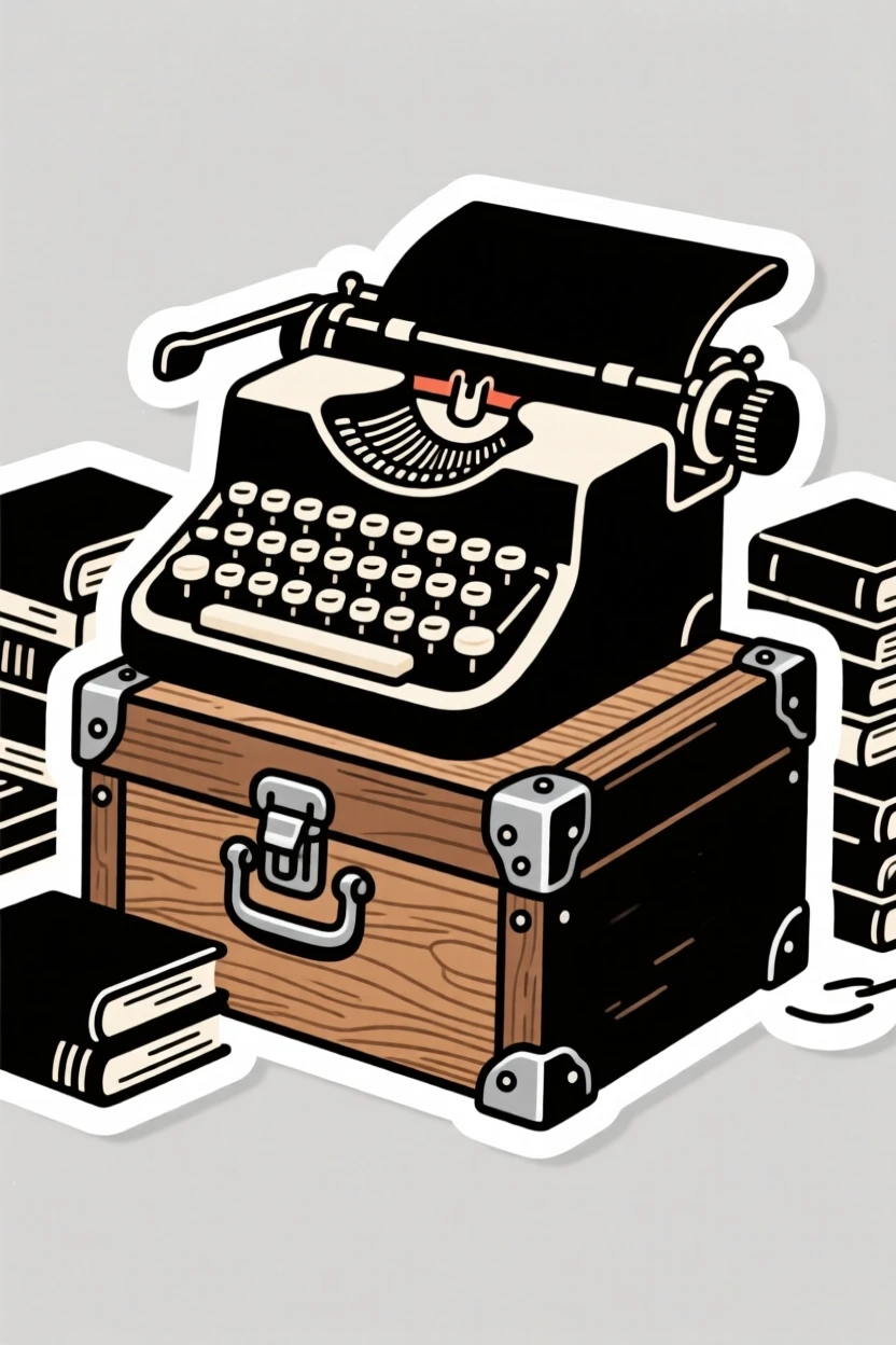 A charming vintage typewriter, sitting atop an old wooden trunk, in a study filled with books.