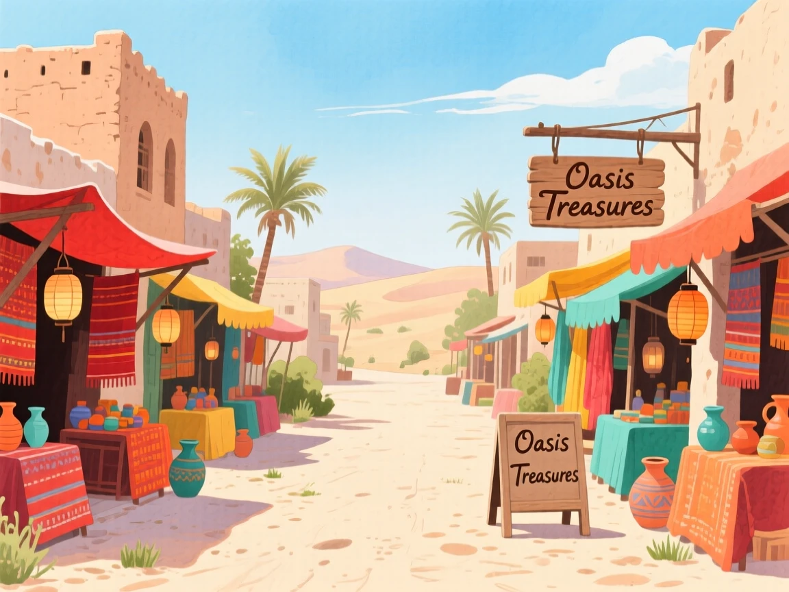 A picturesque view of a desert oasis town with colorful market stalls lining the street, beneath a clear blue sky