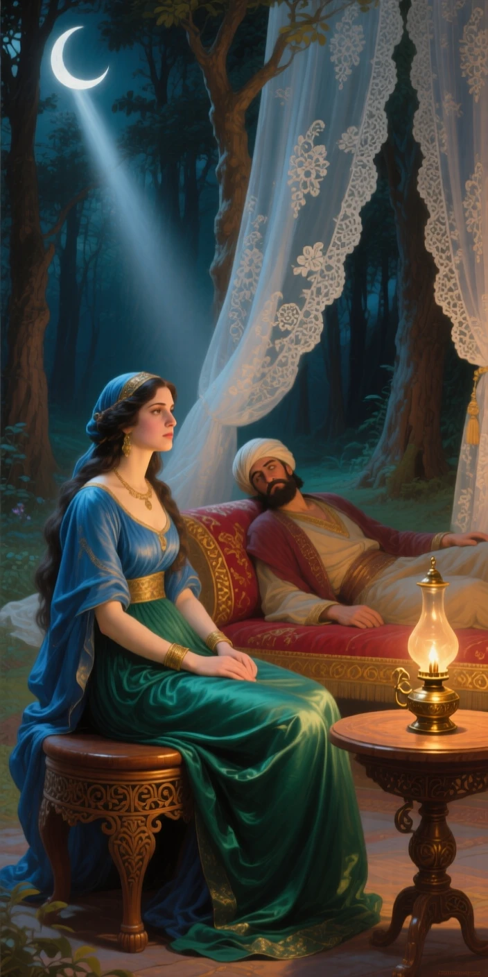Scheherazade weaving a tale to a captivated sultan by lamplight at the story's most enchanting and memorable turn, set within an enchanted forest clearing bathed in soft light, with a crescent moon rising behind delicate lace curtains; a diagonal beam of moonlight highlights the pivotal narrative moment, suggesting the enduring power of myth and memory.