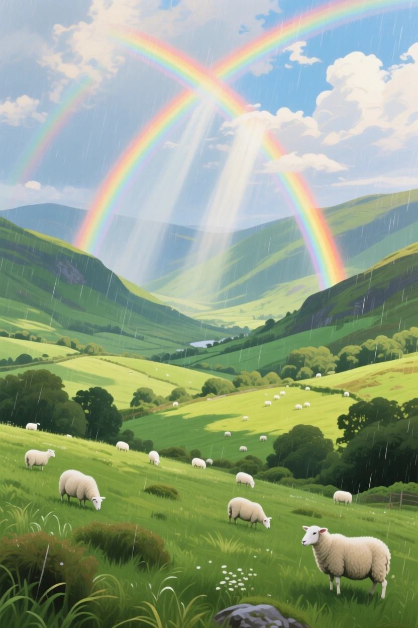 A vivid double rainbow arcs over a green valley in Ireland after a passing rain shower, sunlight breaking through scattered clouds to illuminate a scattering of grazing sheep, the changing light gradually shifting the mood of the landscape from moment to moment.