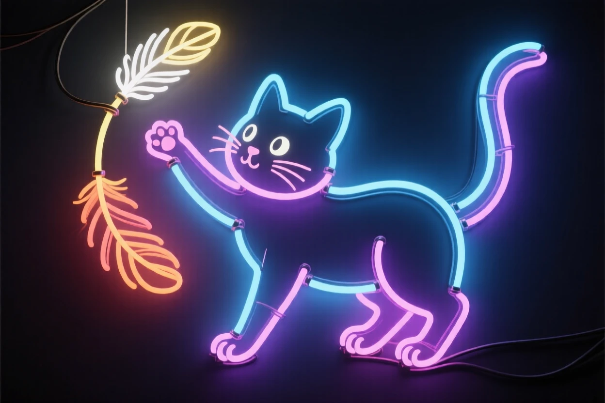 A kitten batting at a dangling feather toy.