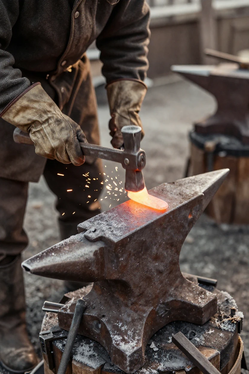 A blacksmith with soot-streaked forearms hammering glowing metal, under soft golden-hour light, with frost coating every surface, under the first snow of winter, with a soft sepia-tinted glow, shot from directly overhead.