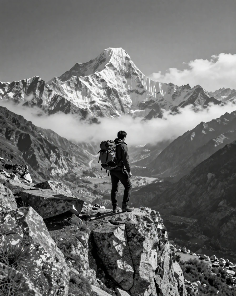 A lone hiker stands at the edge of a dramatic overlook high in the Himalayas.