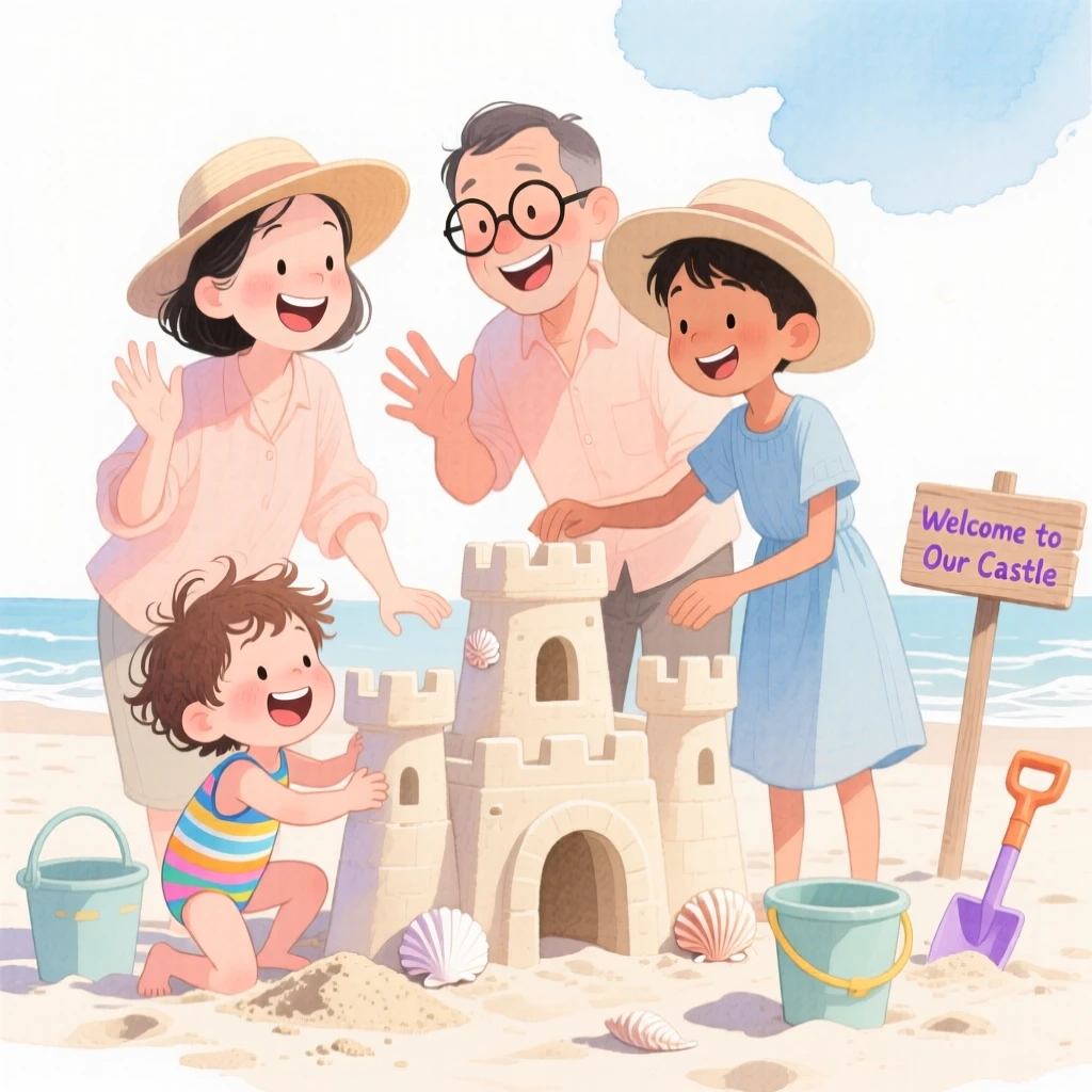 An adoptive family celebrating together building a sandcastle at the beach