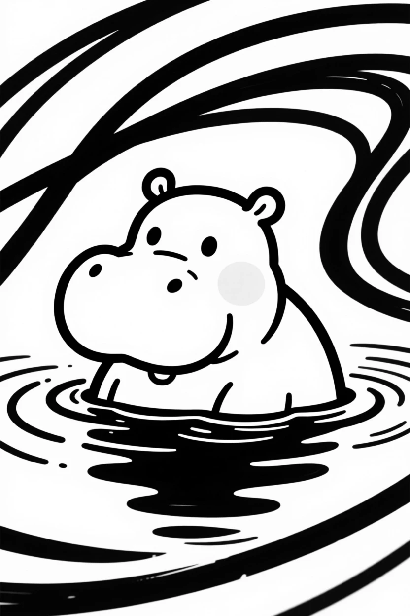 A chubby baby hippo character floating with only its eyes above the water.