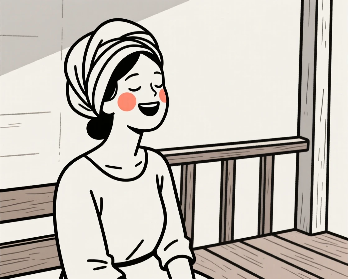 A woman in her thirties of Greek heritage wearing a Nigerian gele headwrap, laughing with eyes closed, on a rustic wooden porch.