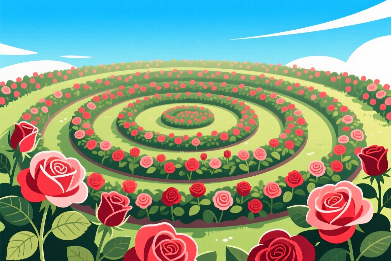 A blooming rose garden arranged in concentric circles, beneath a vivid blue midday sky, arranged with layered depth creating a sense of vastness, with delicate textures visible in every leaf and petal.