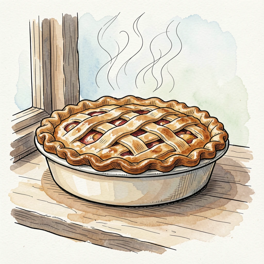 A rustic apple pie fresh from the oven, steam rising through a lattice crust on a farmhouse windowsill