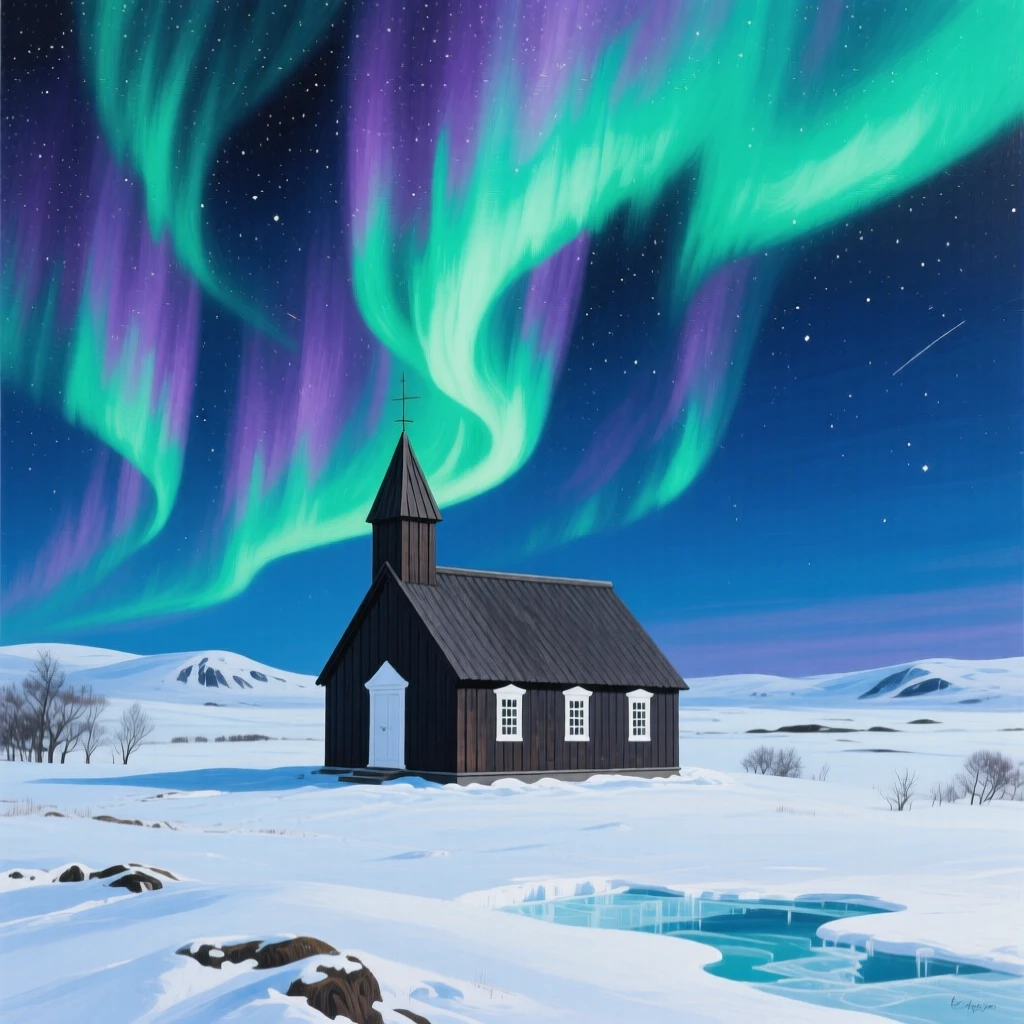 The aurora borealis dances in brilliant green and purple ribbons over a snow-covered Icelandic landscape, a single wooden church silhouetted against the glowing sky, the whole scene holding a quiet, unhurried stillness broken only by distant natural sounds.