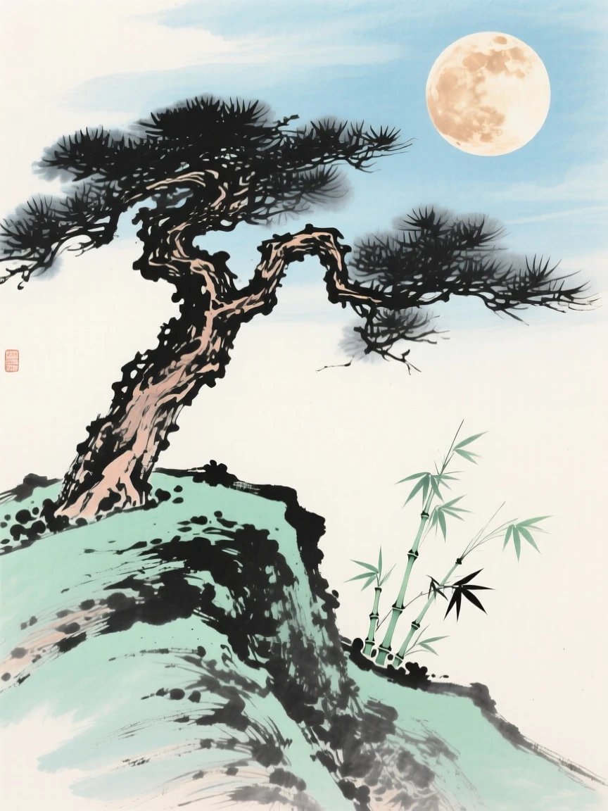 A solitary pine standing atop a windswept ridge, under a full moon, as new bamboo shoots break through the soil.