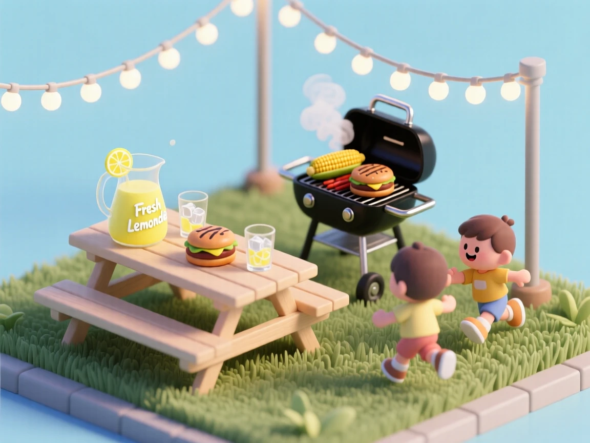A backyard barbecue gathering with string lights overhead, a grill sizzling with corn and burgers, kids playing tag, and a picnic table set with lemonade.