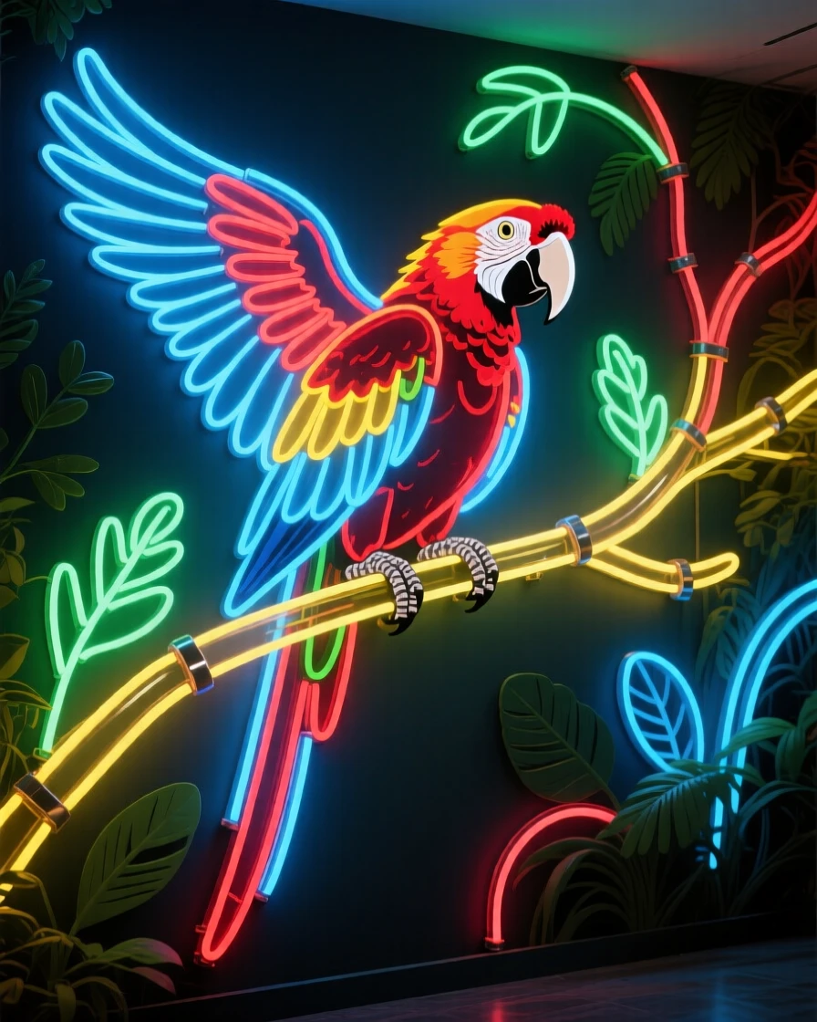 A wide environmental shot of a macaw standing in its natural habitat.