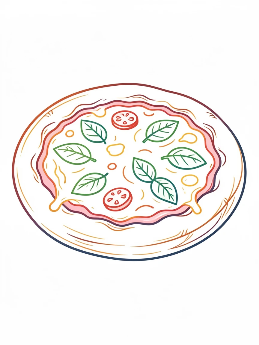 A rustic pizza fresh from the oven, cheese bubbling, basil leaves scattered on top.